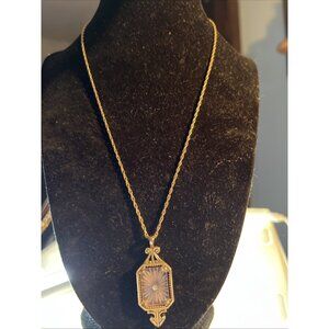 Vtg Avon Pink Camphor Glass Necklace Frostlights 18" Gold Tone Chain Victorian